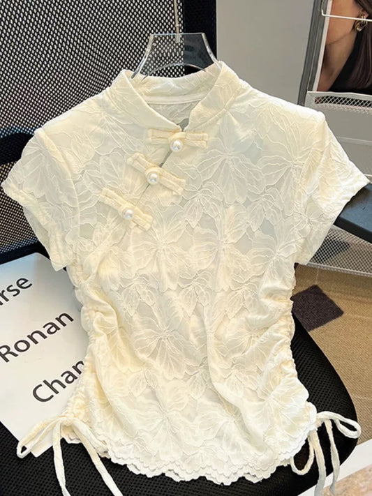 New Chinese style stand collar Chinese style lace short-sleeved T-shirt for women 2024 new summer waist-cinching short retro buckle top