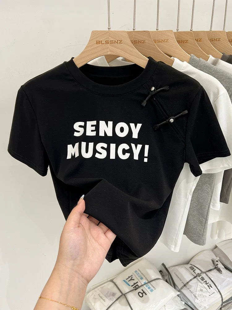 New Chinese style Chinese style disc buckle gray short-sleeved T-shirt for women summer 2024 new design slim short top trendy