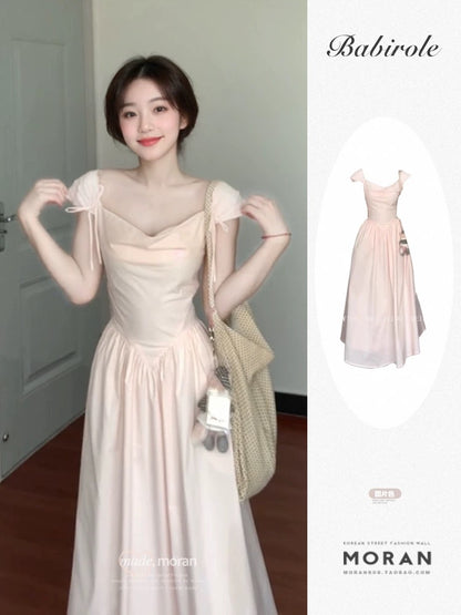 French style gentle pink swing collar sweet suspender dress female 2025 summer new temperament slim A-line long skirt