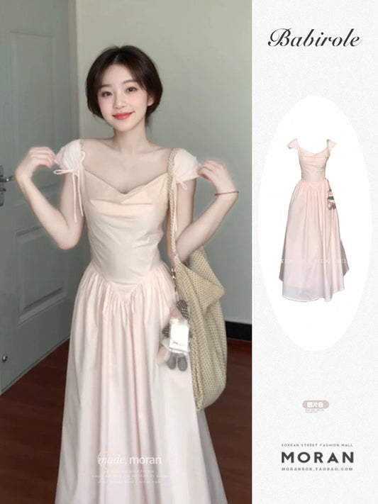 French style gentle pink swing collar sweet suspender dress female 2025 summer new temperament slim A-line long skirt