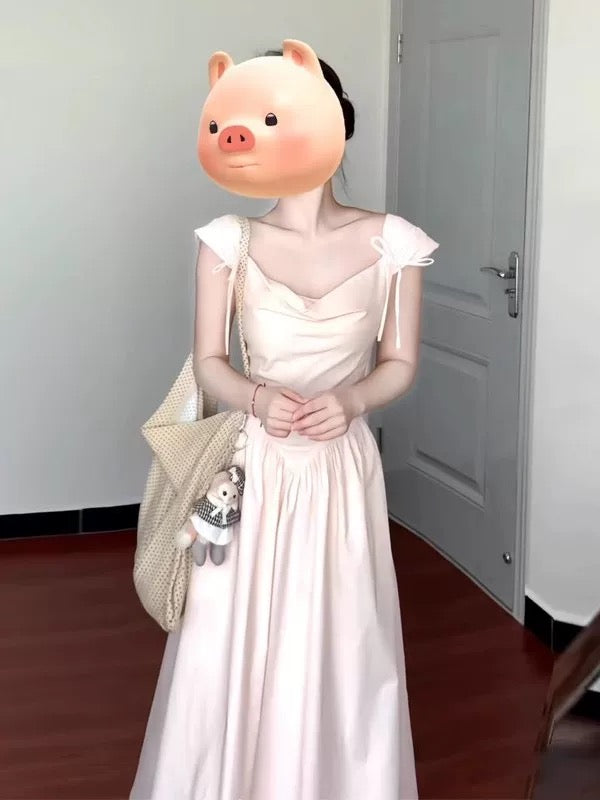 French style gentle pink swing collar sweet suspender dress female 2025 summer new temperament slim A-line long skirt