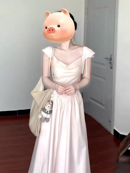 French style gentle pink swing collar sweet suspender dress female 2025 summer new temperament slim A-line long skirt