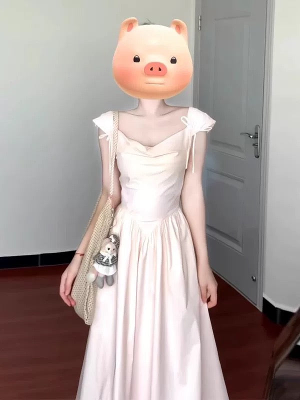 French style gentle pink swing collar sweet suspender dress female 2025 summer new temperament slim A-line long skirt