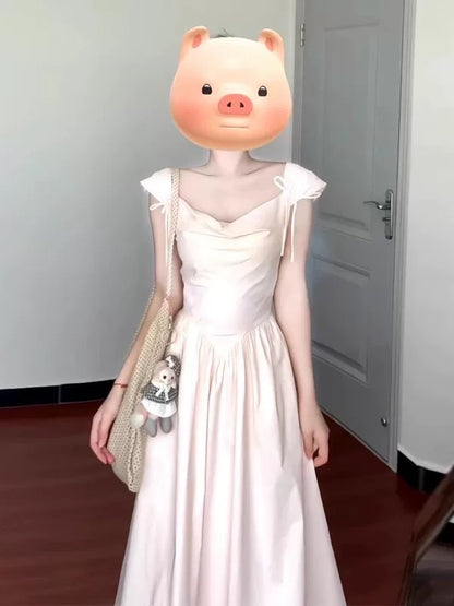 French style gentle pink swing collar sweet suspender dress female 2025 summer new temperament slim A-line long skirt