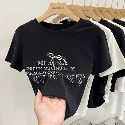 Designed bow printed short-sleeved T-shirt for women summer 2024 new Hong Kong style retro slim black top trendy