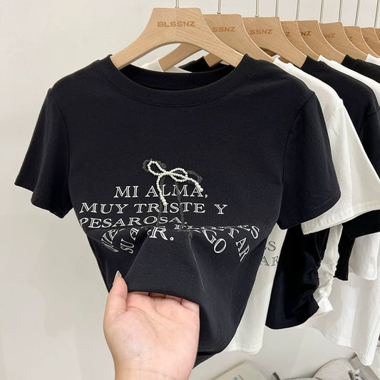 Designed bow printed short-sleeved T-shirt for women summer 2024 new Hong Kong style retro slim black top trendy