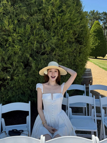 yangzifan White slip dress, women's summer off-shoulder French design A-line puffy short skirt