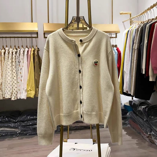 [Xiao Ai's Stall Real Shot] Korean Style Youthful Cherry Label Knitted Cardigan for Women, Sweet Long-Sleeved Spring Jacket