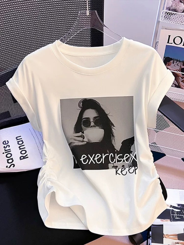 European small flying sleeve T-shirt women's short-sleeved 2024 new summer niche design unique waist pleated top