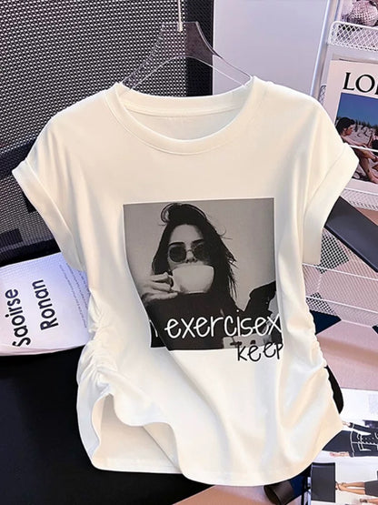 European small flying sleeve T-shirt women's short-sleeved 2024 new summer niche design unique waist pleated top