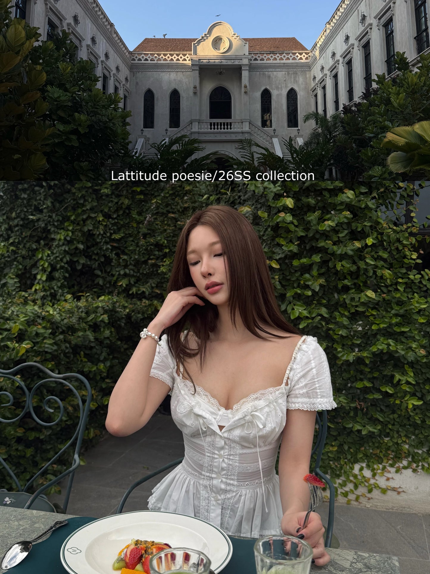 Lattitude/Yang Xiaolu all white short-sleeved shirt with girlish hollowed-out lace trim