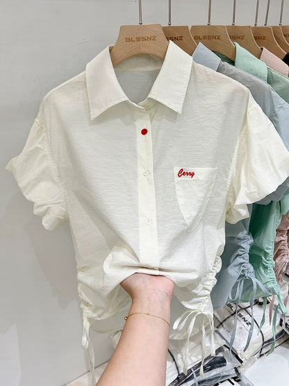 Green small flying sleeves lace-up shirt 2024 new women's summer thin waist design loose top shirt
