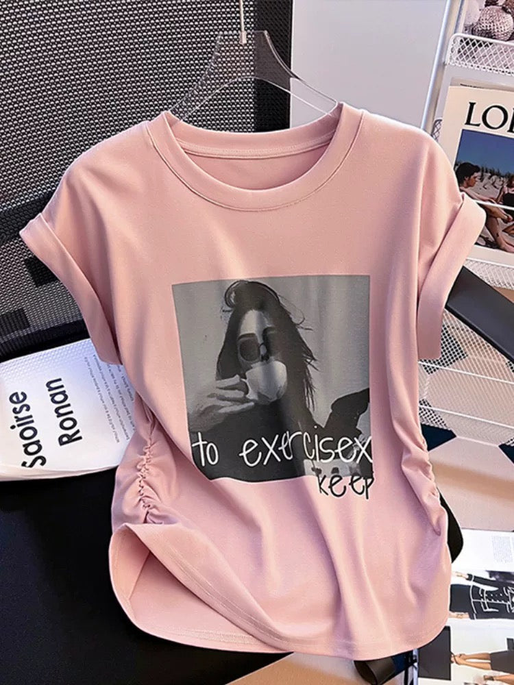European small flying sleeve T-shirt women's short-sleeved 2024 new summer niche design unique waist pleated top