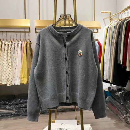 [Xiao Ai's Stall Real Shot] Korean Style Youthful Cherry Label Knitted Cardigan for Women, Sweet Long-Sleeved Spring Jacket