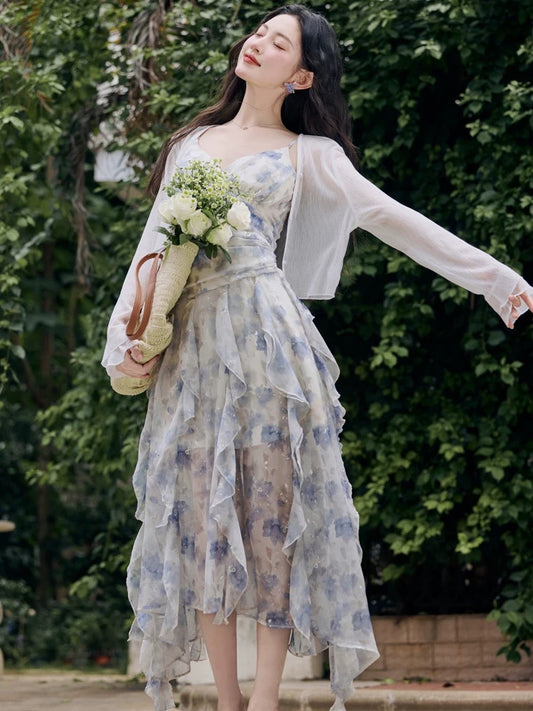 French seaside travel resort style beautiful blue oil painting floral suspender long skirt fairy super fairy dress