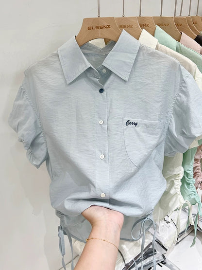 Green small flying sleeves lace-up shirt 2024 new women's summer thin waist design loose top shirt