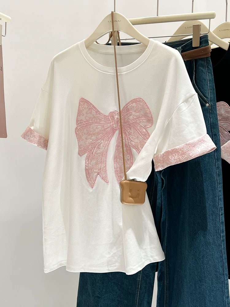 Black bow right shoulder short-sleeved T-shirt for women loose heavy industry embroidery summer unique and unique contrasting color splicing top