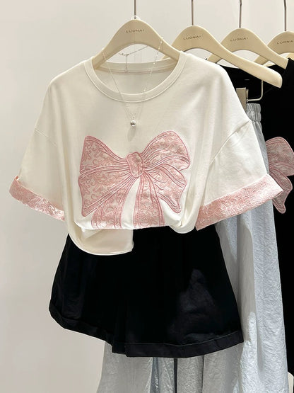 Black bow right shoulder short-sleeved T-shirt for women loose heavy industry embroidery summer unique and unique contrasting color splicing top