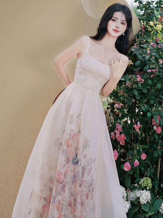 French romantic oil painting printed suspender dress for women summer 2024 new style temperament long skirt seaside beautiful skirt