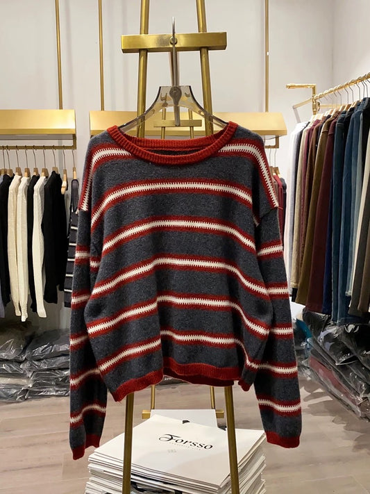 [Xiao Ai's Shop Photos] High-end color-blocked striped round neck sweater for women, comfortable, soft, and versatile winter top.