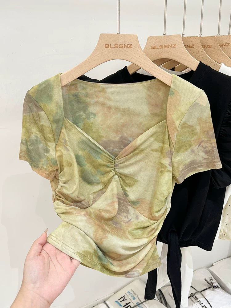 American retro tie-dye niche chic top summer 2024 new design waist-cinching mesh short-sleeved T-shirt for women