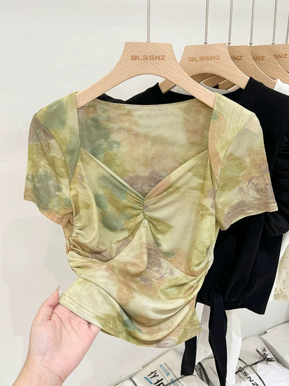 American retro tie-dye niche chic top summer 2024 new design waist-cinching mesh short-sleeved T-shirt for women