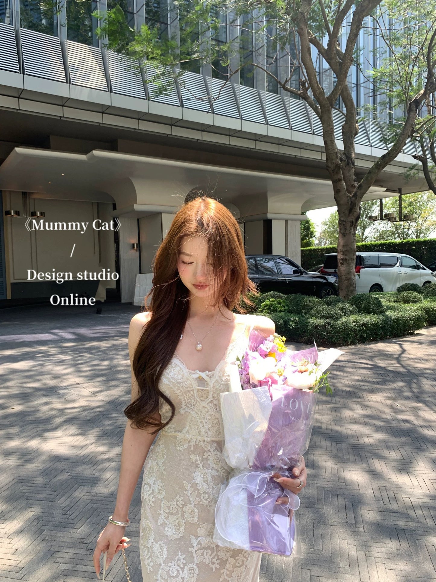 Mummy Cat Laying Eggs [Miss Friendship] 3D Lace Embroidered Rose Bodycon Spaghetti Strap Dress