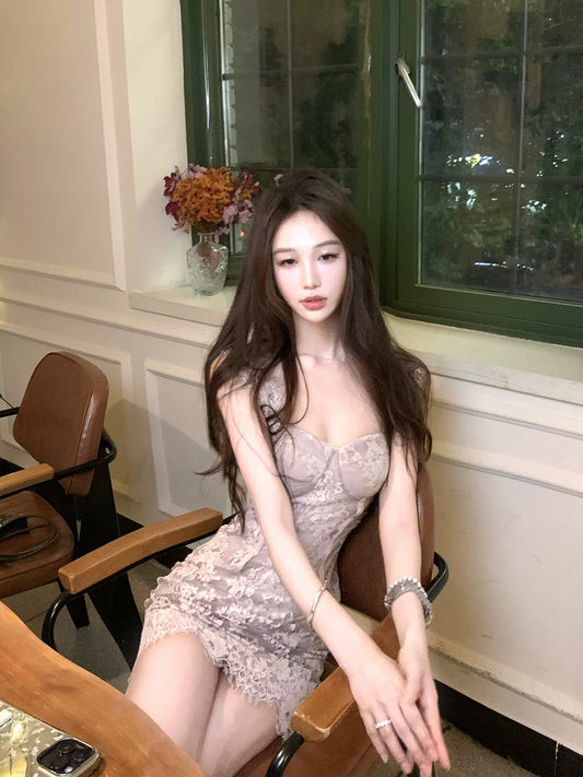 Amor's warm and soft feminine taro lace fitted slip dress