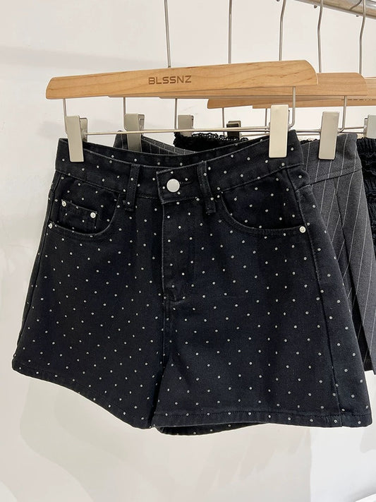 Black polka-dot denim shorts for women summer 2024 new style small high-waisted loose wide-leg hip-hugging hot pants