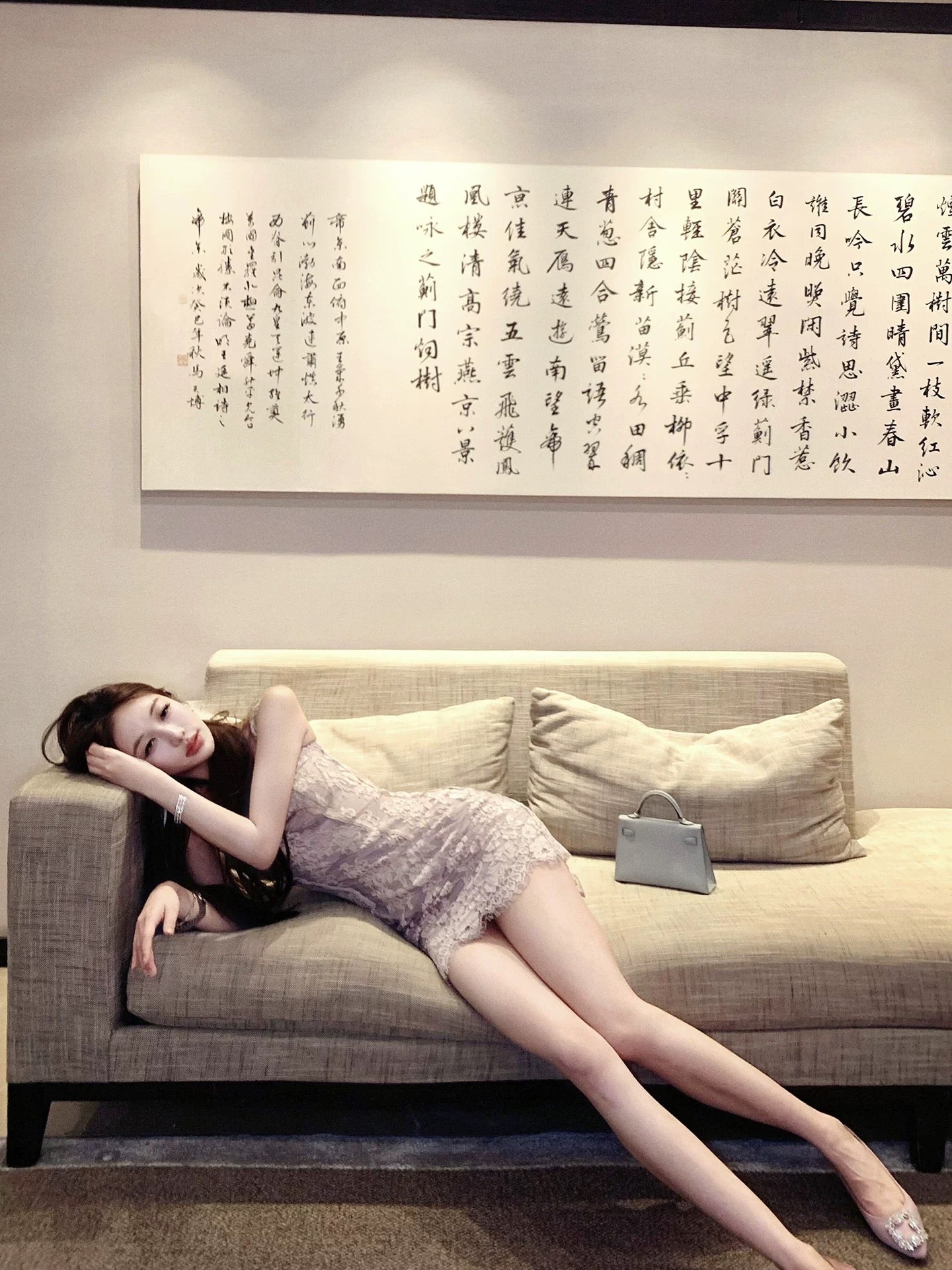 Amor's warm and soft feminine taro lace fitted slip dress