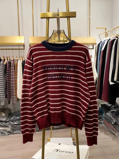 [Xiao Ai's Stall Photos] Korean Style Letter Print Loose Casual Sweater for Women, Winter Striped Knit Base Layer