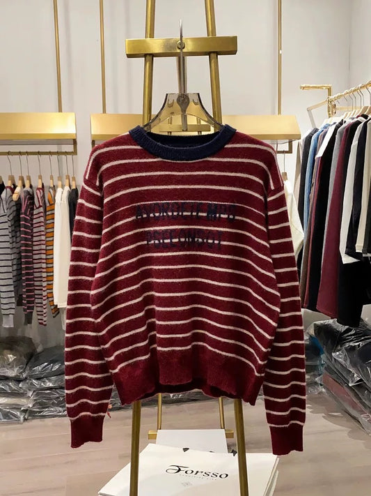 [Xiao Ai's Stall Photos] Korean Style Letter Print Loose Casual Sweater for Women, Winter Striped Knit Base Layer