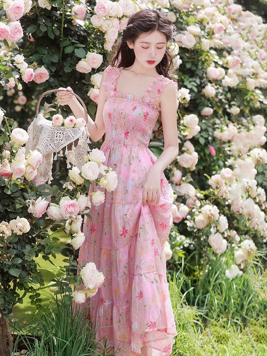 French sweet super fairy floral suspender dress summer temperament slimming seaside vacation fairy beach dress
