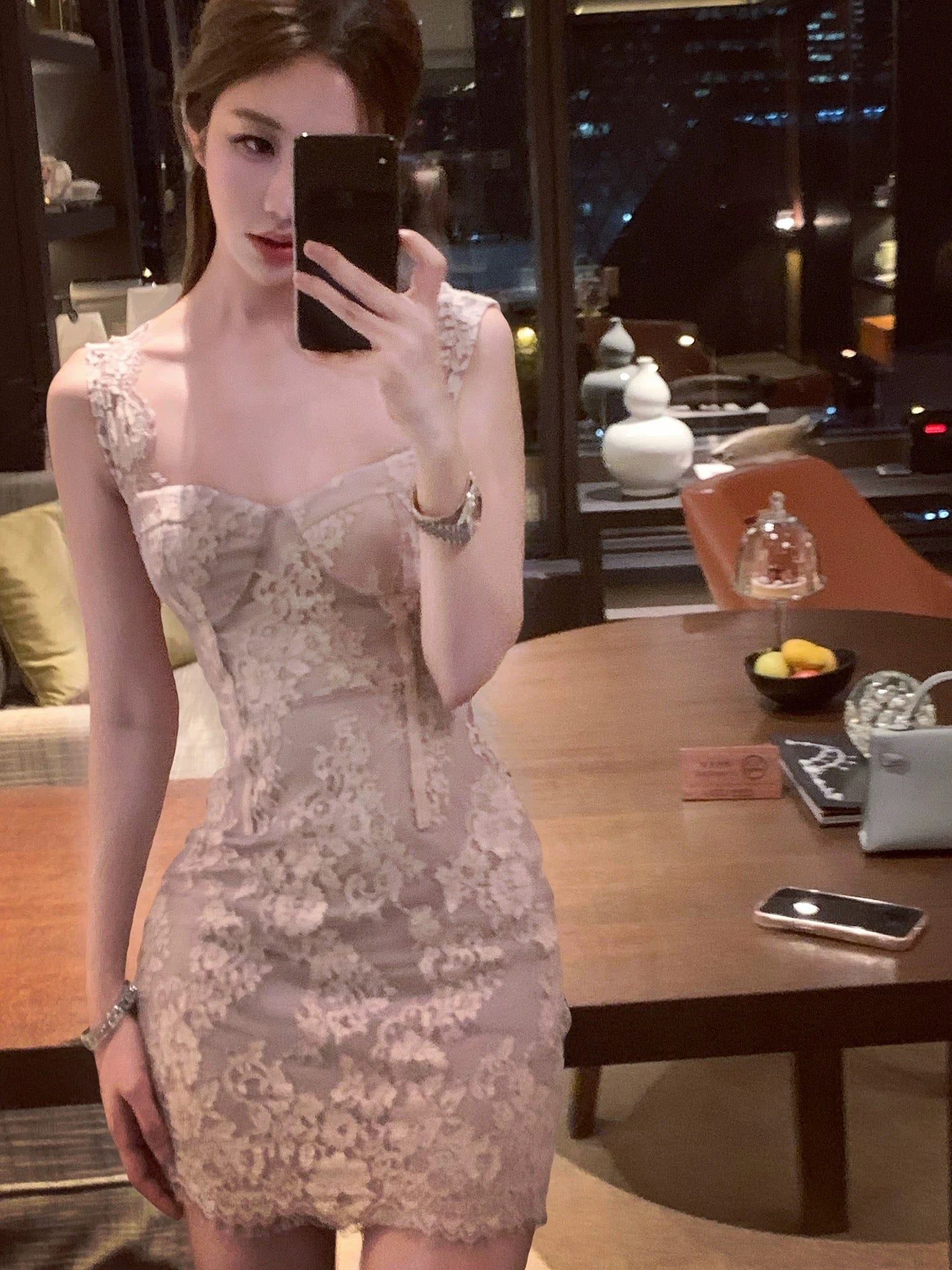 Amor's warm and soft feminine taro lace fitted slip dress