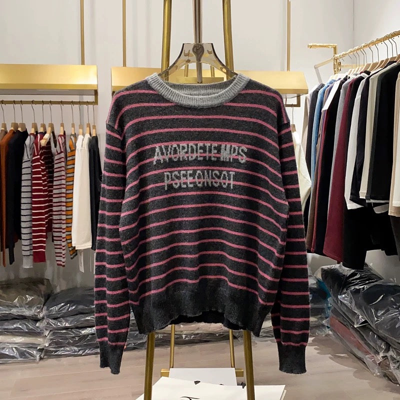 [Xiao Ai's Stall Photos] Korean Style Letter Print Loose Casual Sweater for Women, Winter Striped Knit Base Layer