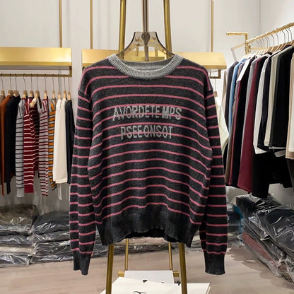[Xiao Ai's Stall Photos] Korean Style Letter Print Loose Casual Sweater for Women, Winter Striped Knit Base Layer
