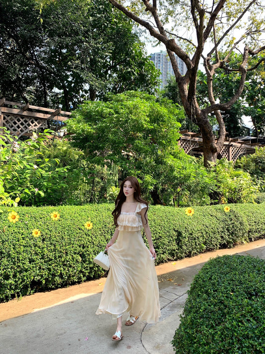 OKMASHOP Gentle Sister Lace Patchwork Dress Women's Spring/Summer Ruffled Short Sleeve Chiffon Long Dress