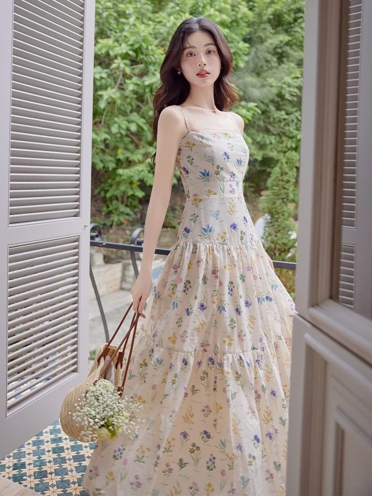 French first love floral dress summer 2024 new style gentle style high-end suspender cardigan two-piece set
