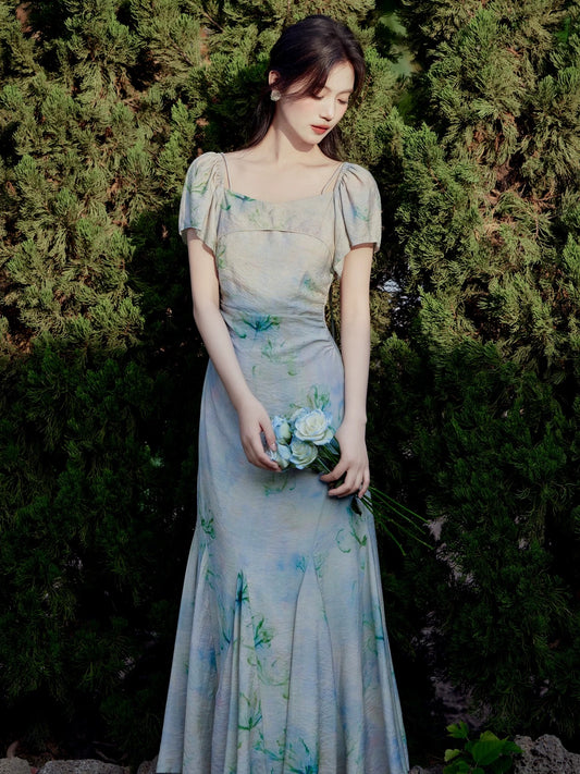 New Chinese style retro national style slim dress for women summer 2024 new style halo dye slim temperament fishtail long skirt