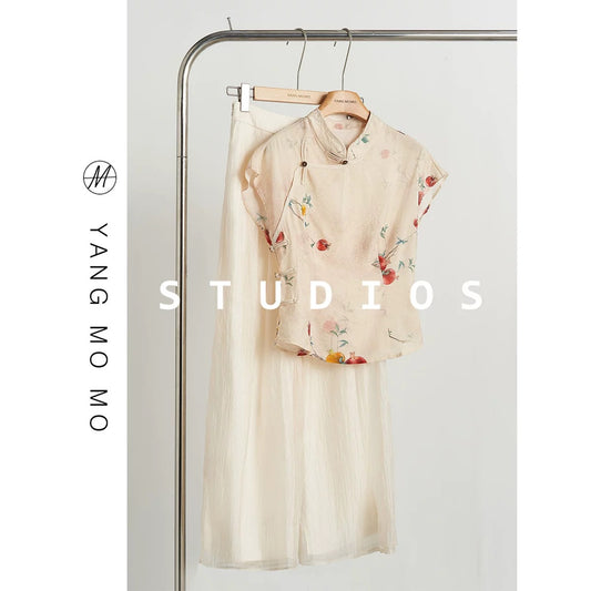 New Chinese style national style diagonal lapel jacquard short-sleeved shirt chiffon casual pants suit new women's summer clothing with a complete set