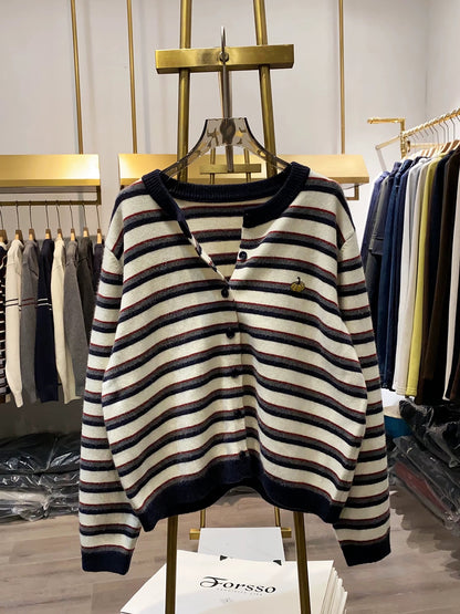 [Xiao Ai's Stall Photos] Fun and Youthful Pumpkin Embroidered Striped Cardigan for Women, New Autumn/Winter Style, Relaxed Fit