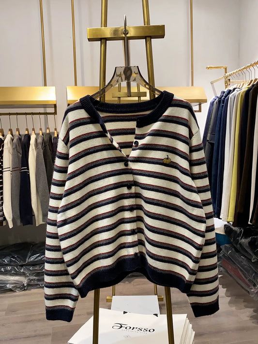 [Xiao Ai's Stall Photos] Fun and Youthful Pumpkin Embroidered Striped Cardigan for Women, New Autumn/Winter Style, Relaxed Fit