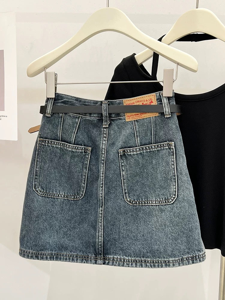 Retro a-line denim skirt for women summer 2024 new American style high-waist slim short skirt hip-covering skirt spring and autumn