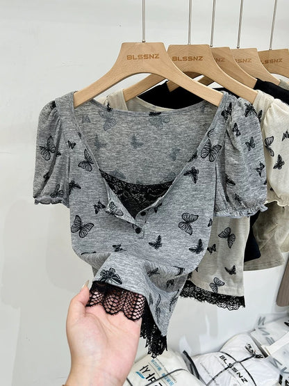 Fake two-piece spliced lace v-neck short-sleeved T-shirt for women summer 2024 new design bow slim fit top trendy