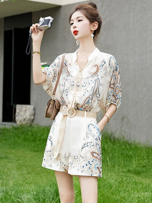 National style shorts suit for women summer 2024 new style fashionable and beautiful short-sleeved ice silk new Chinese style two-piece set