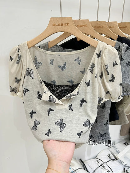 Fake two-piece spliced lace v-neck short-sleeved T-shirt for women summer 2024 new design bow slim fit top trendy