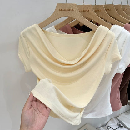 French swing collar yellow short-sleeved T-shirt for women summer 2024 new irregular off-shoulder short top half-sleeved T-shirt