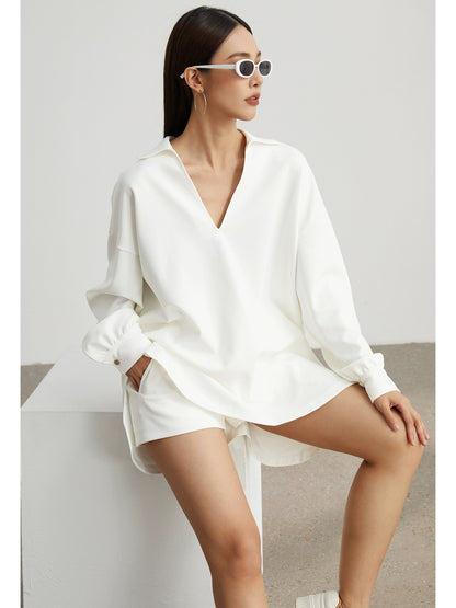 ZzZHANG【Just need word of mouth B】Fashionable deep V shirt collar loose silhouette top + shorts casual suit