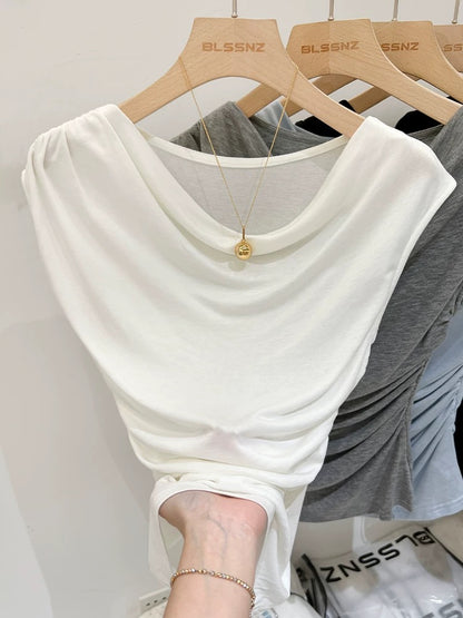 Blue Irregular Swing Collar Sleeveless T-Shirt Women's Slim Summer Design Niche Pleated Chic Top 2024 New Style