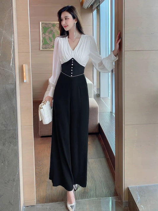 Jumpsuit women's 2023 autumn new style celebrity temperament black and white stitching V-neck waist slimming loose wide leg pants trendy